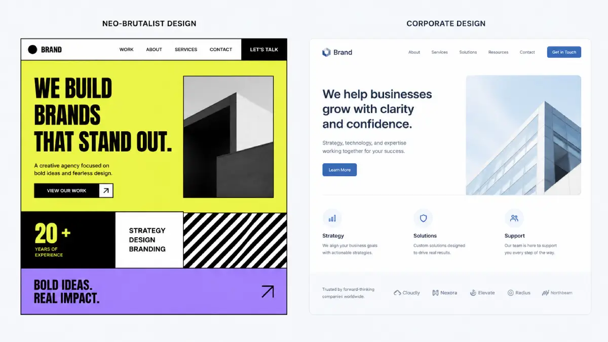 Comparison of bold neo-brutalist design versus restrained corporate design for trust-sector industries