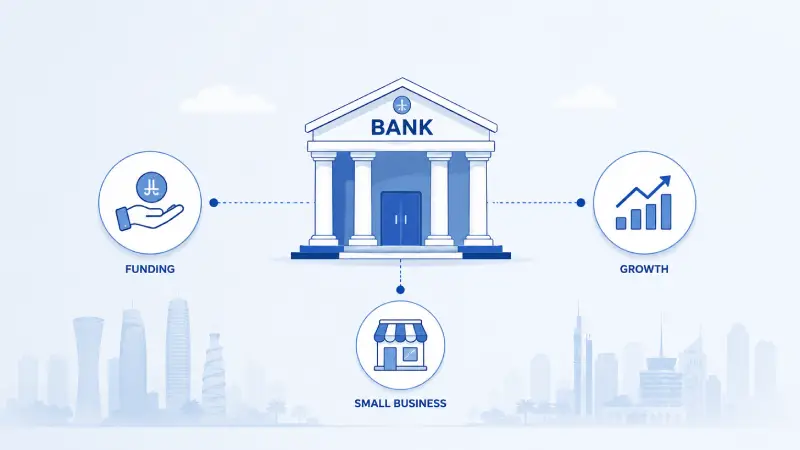 Illustration representing Qatar Development Bank financing options for small business digital transformation