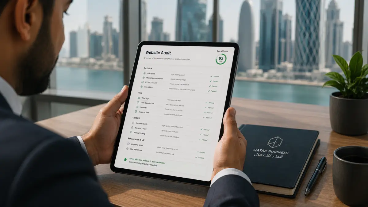 Business owner auditing a corporate website checklist on a laptop in Doha