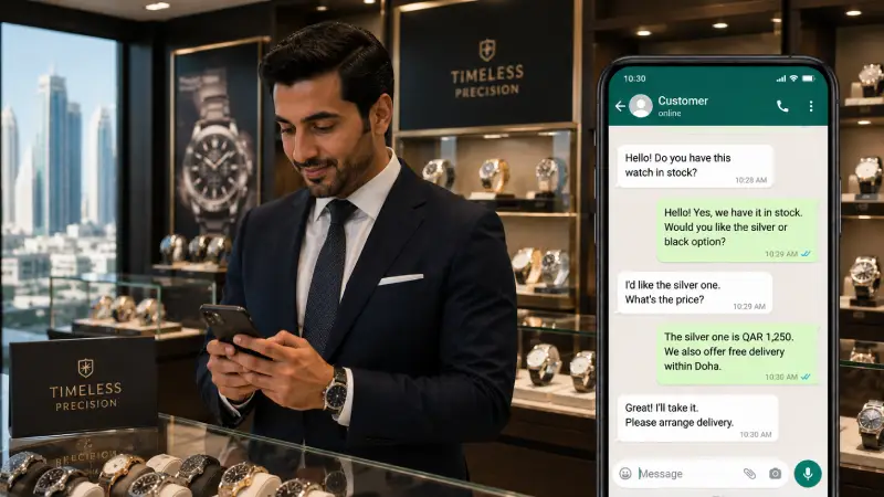 Small business owner using AI chatbot and WhatsApp automation on a smartphone