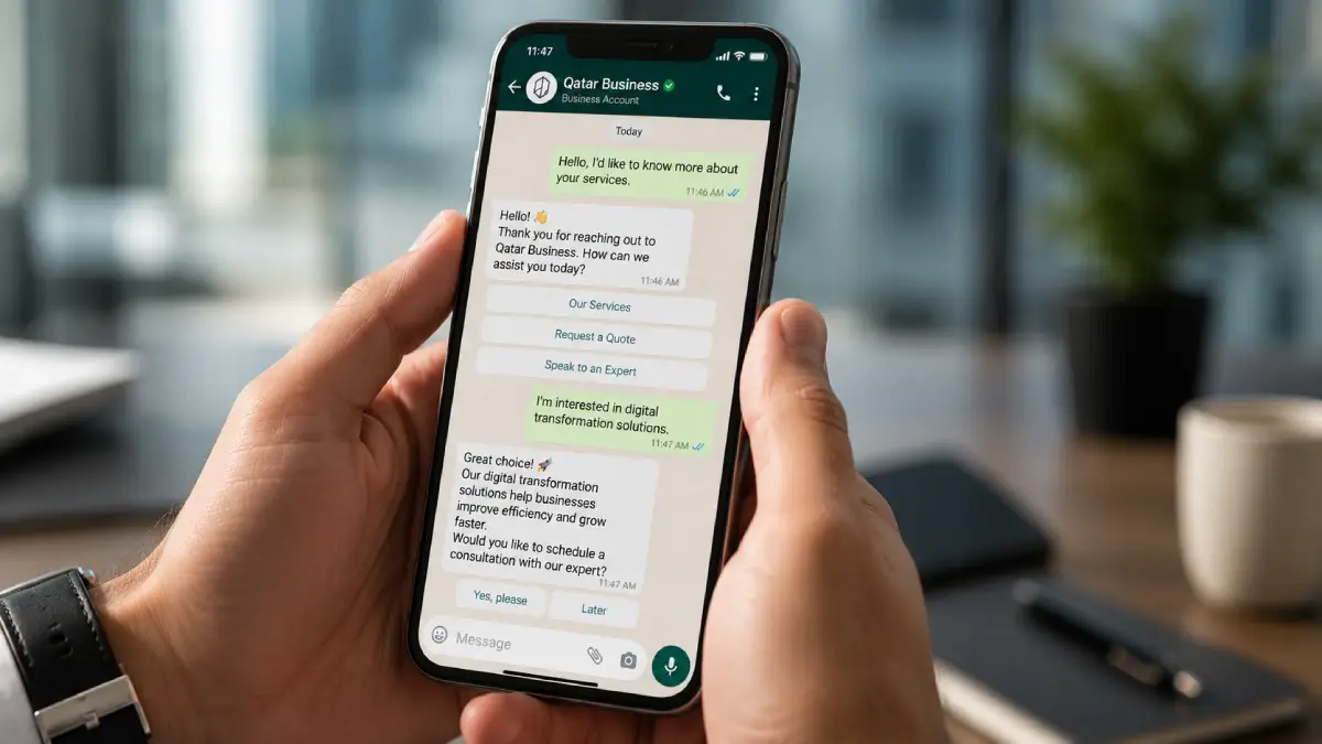 Illustration representing WhatsApp integration as the primary conversion channel for a Qatar corporate website